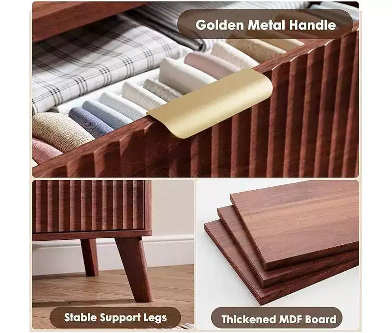 Commode à 6 tiroirs en bois avec façades cannelées et poignées dorées 119 cm