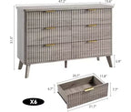 Commode à 6 tiroirs en bois avec façades cannelées et poignées dorées 119 cm