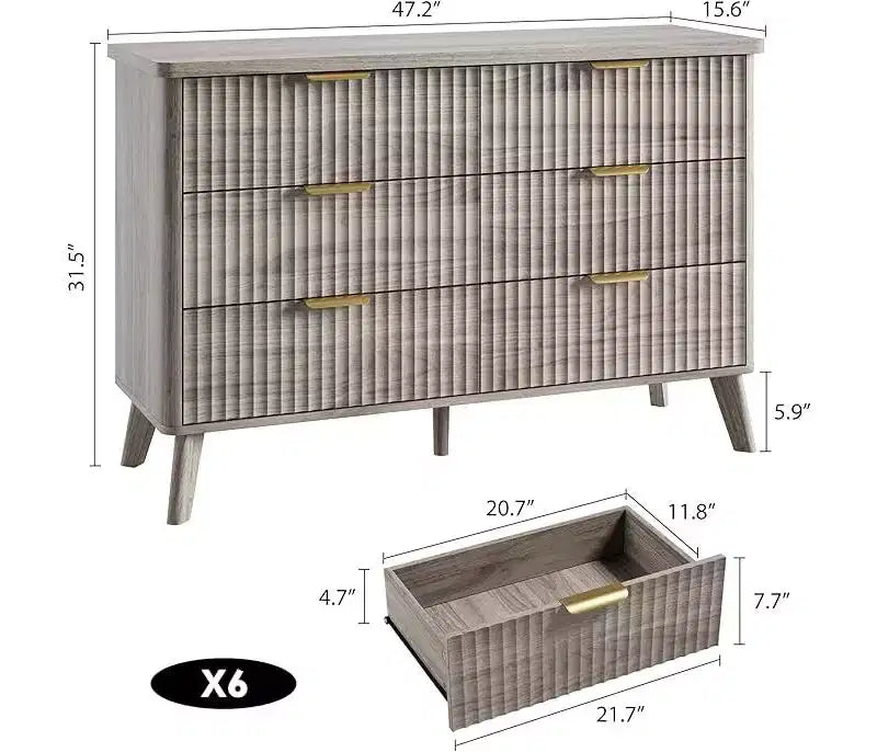 Commode à 6 tiroirs en bois avec façades cannelées et poignées dorées 119 cm