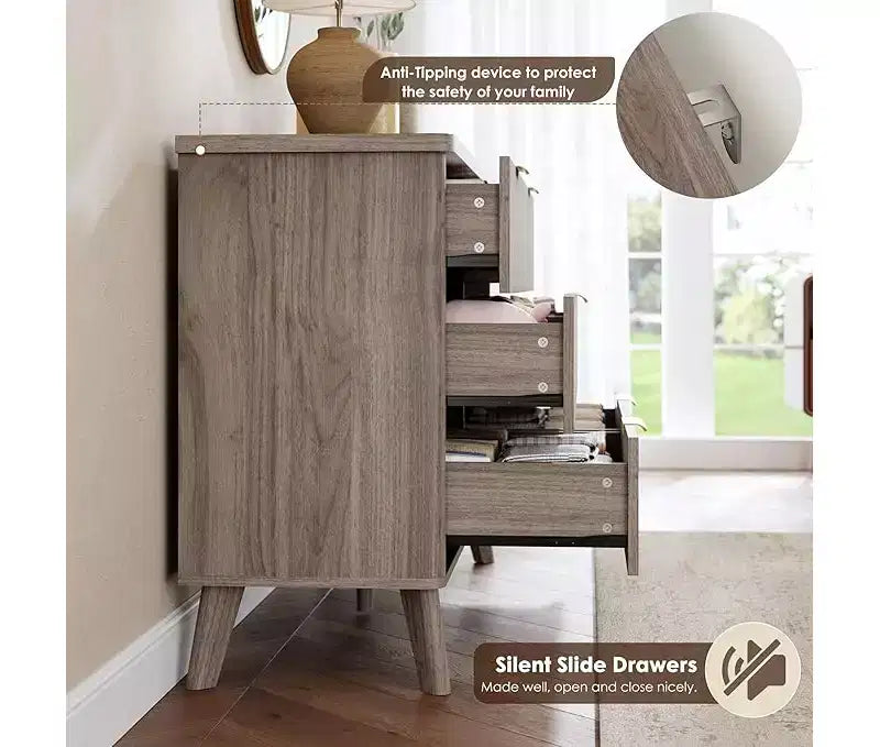 Commode à 6 tiroirs en bois avec façades cannelées et poignées dorées 119 cm