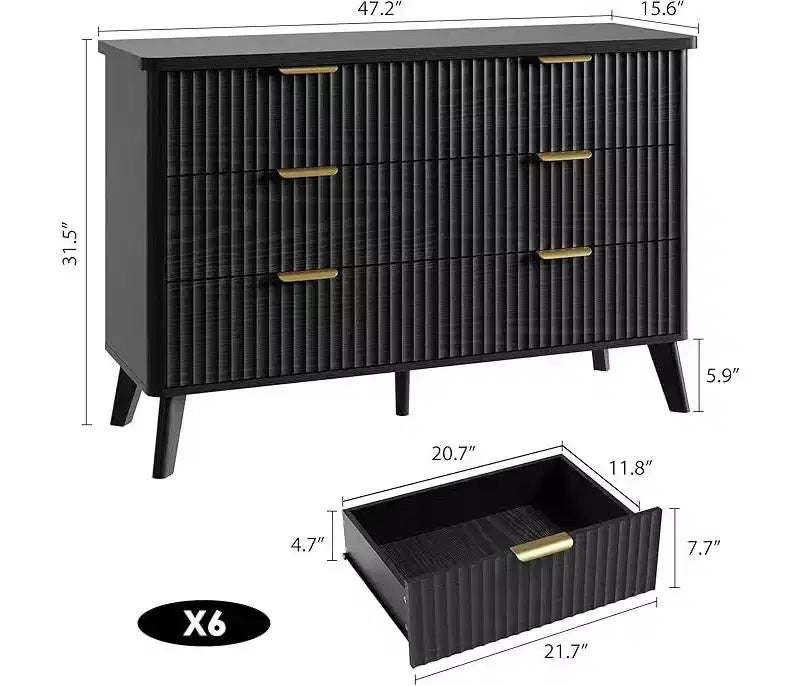 Commode à 6 tiroirs en bois avec façades cannelées et poignées dorées 119 cm