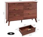 Commode à 6 tiroirs en bois avec façades cannelées et poignées dorées 119 cm