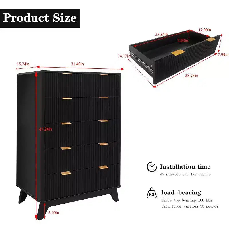 Wood 5-Drawer Dresser with Fluted Panels 48" Tall