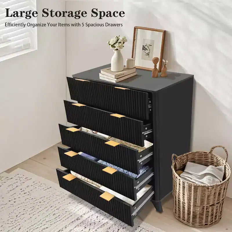 Wood 5-Drawer Dresser with Fluted Panels 48" Tall