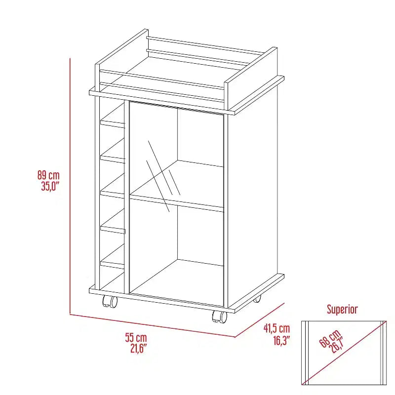 Wood Bar Cart with 2 Shelves and 6-Bottle Rack