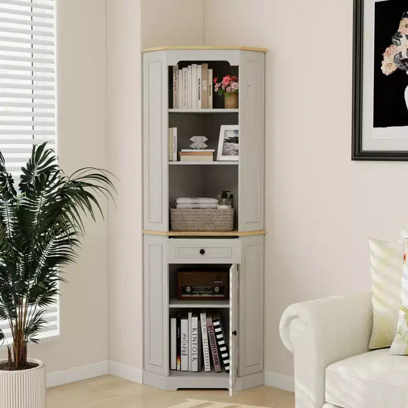 Armoire de rangement d'angle en bois de 173 cm de haut avec porte et tiroir