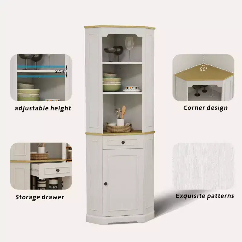 Armoire de rangement d'angle en bois de 173 cm de haut avec porte et tiroir
