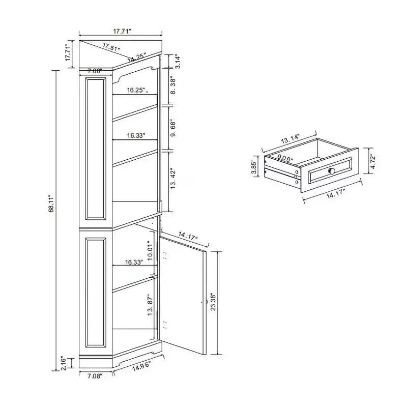 Armoire de rangement d'angle en bois de 173 cm de haut avec porte et tiroir