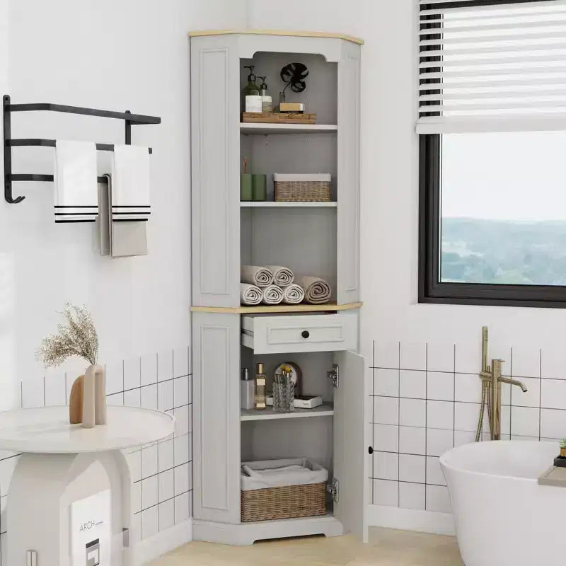 Armoire de rangement d'angle en bois de 173 cm de haut avec porte et tiroir