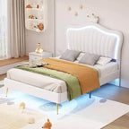 Cadre de lit double rembourré avec lumières LED et tête de lit en forme de couronne