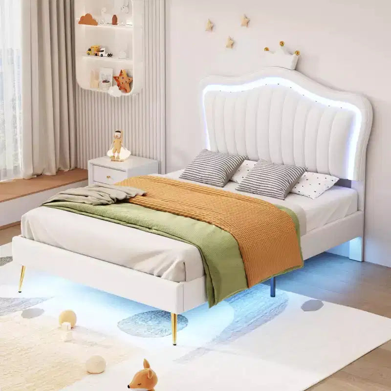Upholstered Twin Bed Frame with LED Lights and Crown Headboard