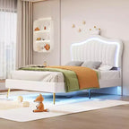 Cadre de lit double rembourré avec lumières LED et tête de lit en forme de couronne