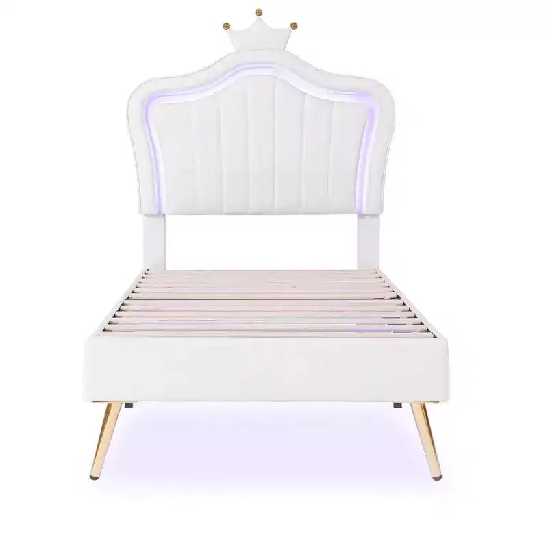 Upholstered Twin Bed Frame with LED Lights and Crown Headboard