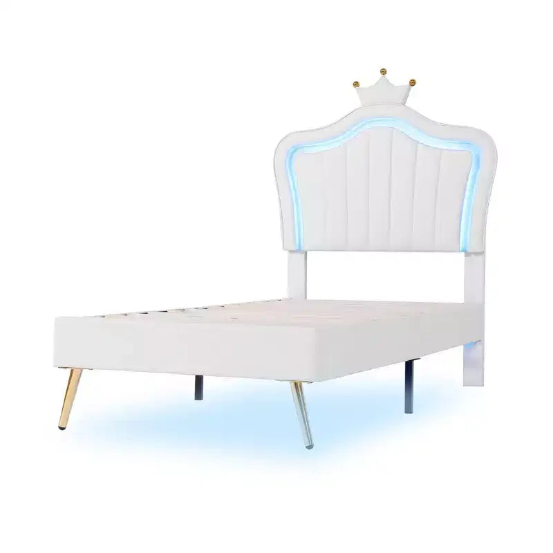 Cadre de lit double rembourré avec lumières LED et tête de lit en forme de couronne