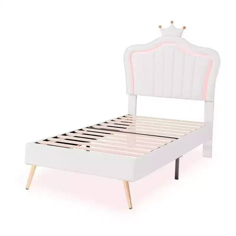 Cadre de lit double rembourré avec lumières LED et tête de lit en forme de couronne