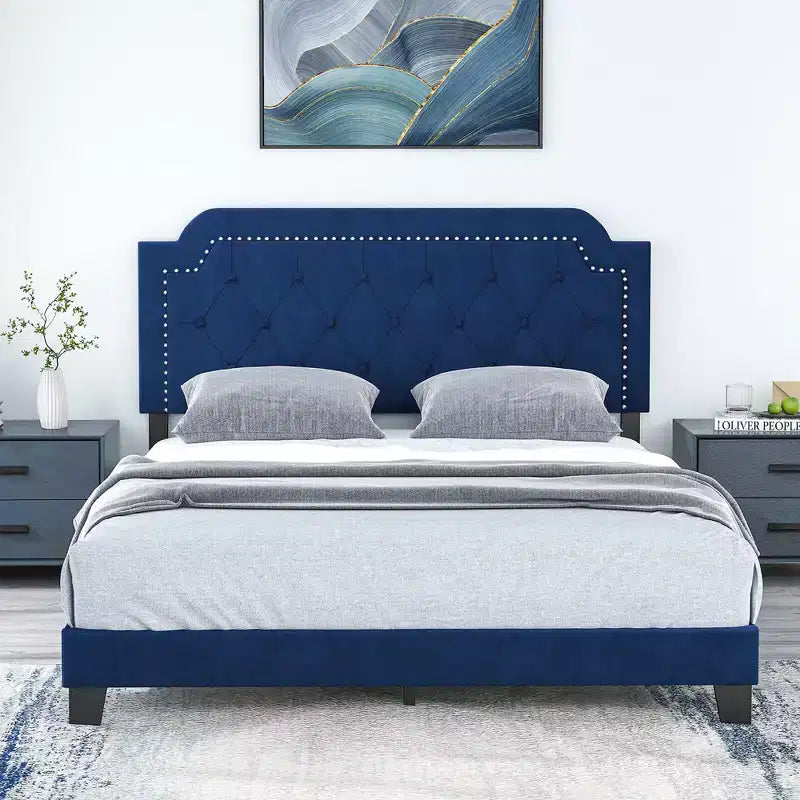 Velvet Upholstered Queen Platform Bed with Tufted Headboard