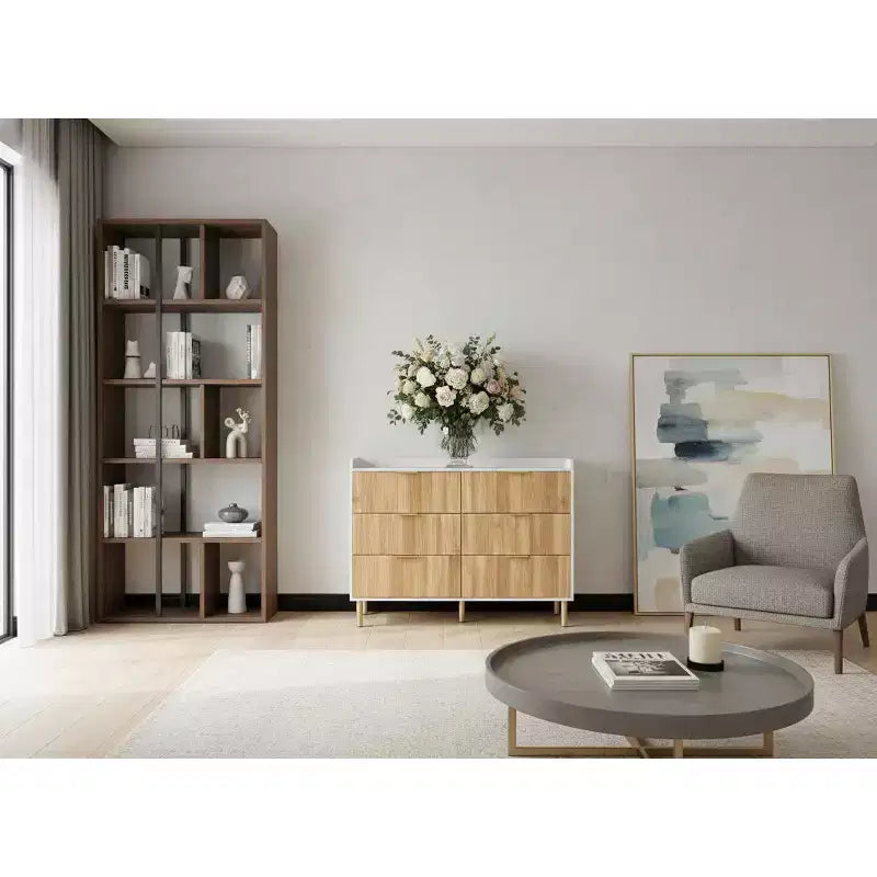 Commode 6 tiroirs en MDF avec pieds en métal doré